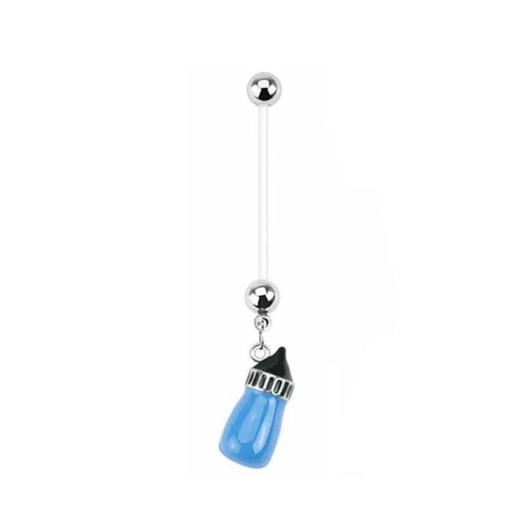 Hollywood Body Jewelry Jewelry - Pregnancy Navel Ring – Blue Baby Bottle Dangle – 14G 1” Flexible Bioflex